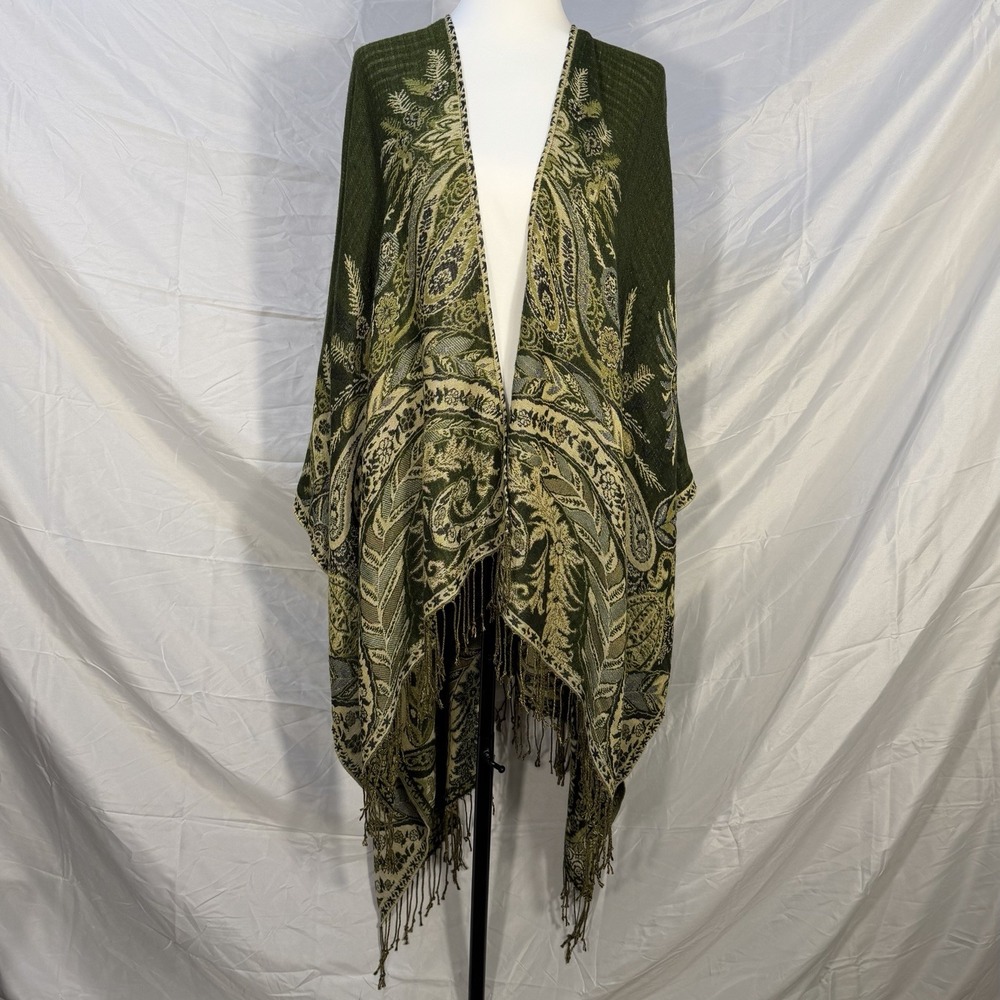 New J.Jill Paisley Ruana Cardigan XL - 3X Open Front Poncho Wrap Green 29x44